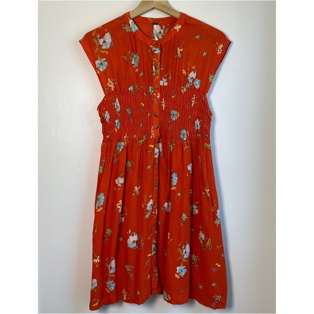 Free People Mini Dress Women S Orange Floral Smocked Waist Button Front Boho